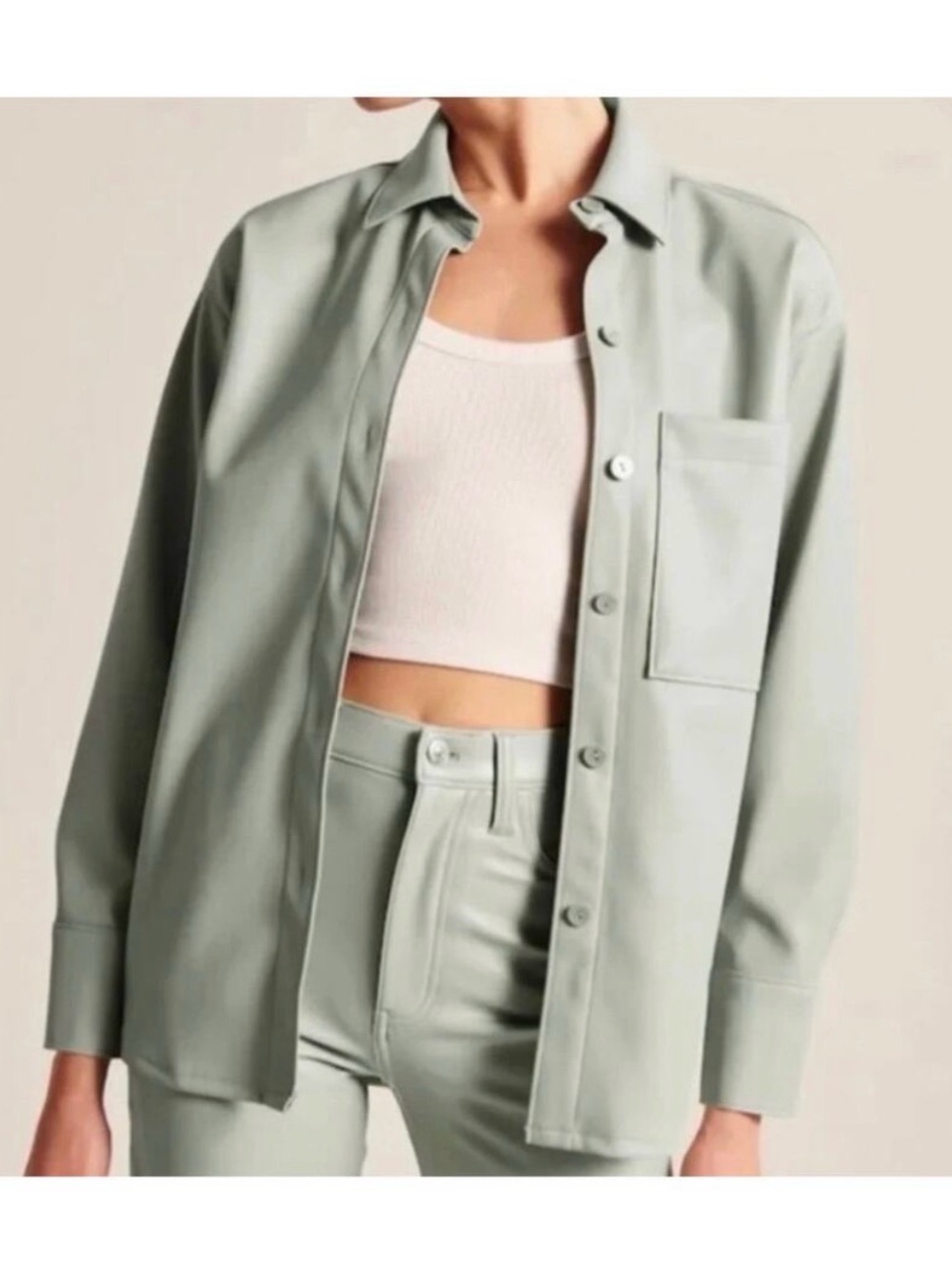 Women's Abercrombie Oversized Vegan Leather Button-Up Shacket Sage Green